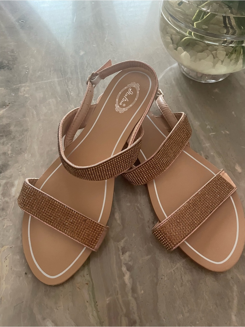 Italina Rose Gold Rhinestone Flat Sandals Sparkly Double Strap Slingback  SZ 10
